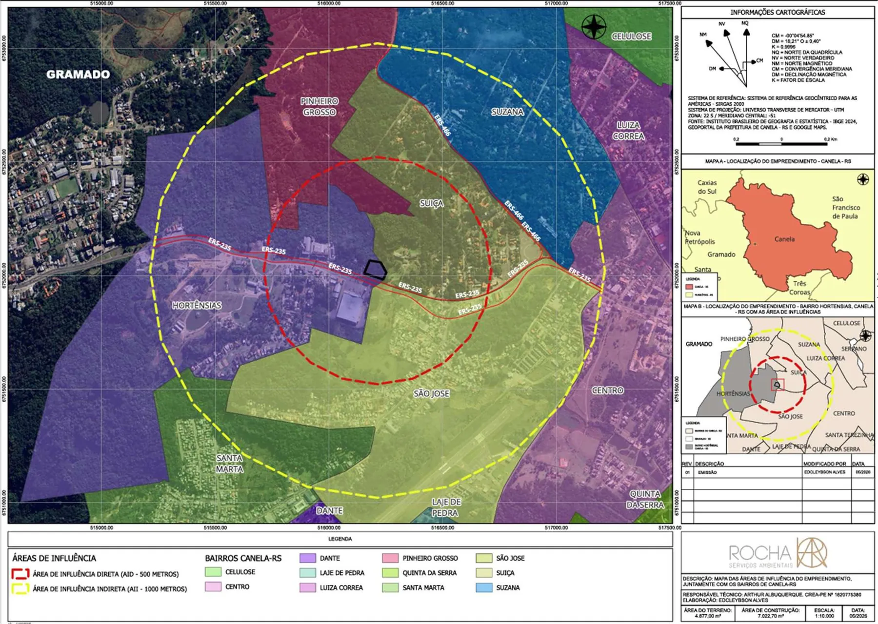 Mapa com a área diretamente afetada e as áreas de influência direta e indireta sobre os bairros