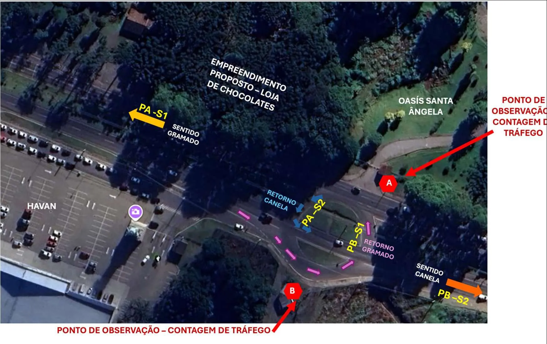 Foto aérea anotada do ponto de observação 2 na rotatória da RS-235