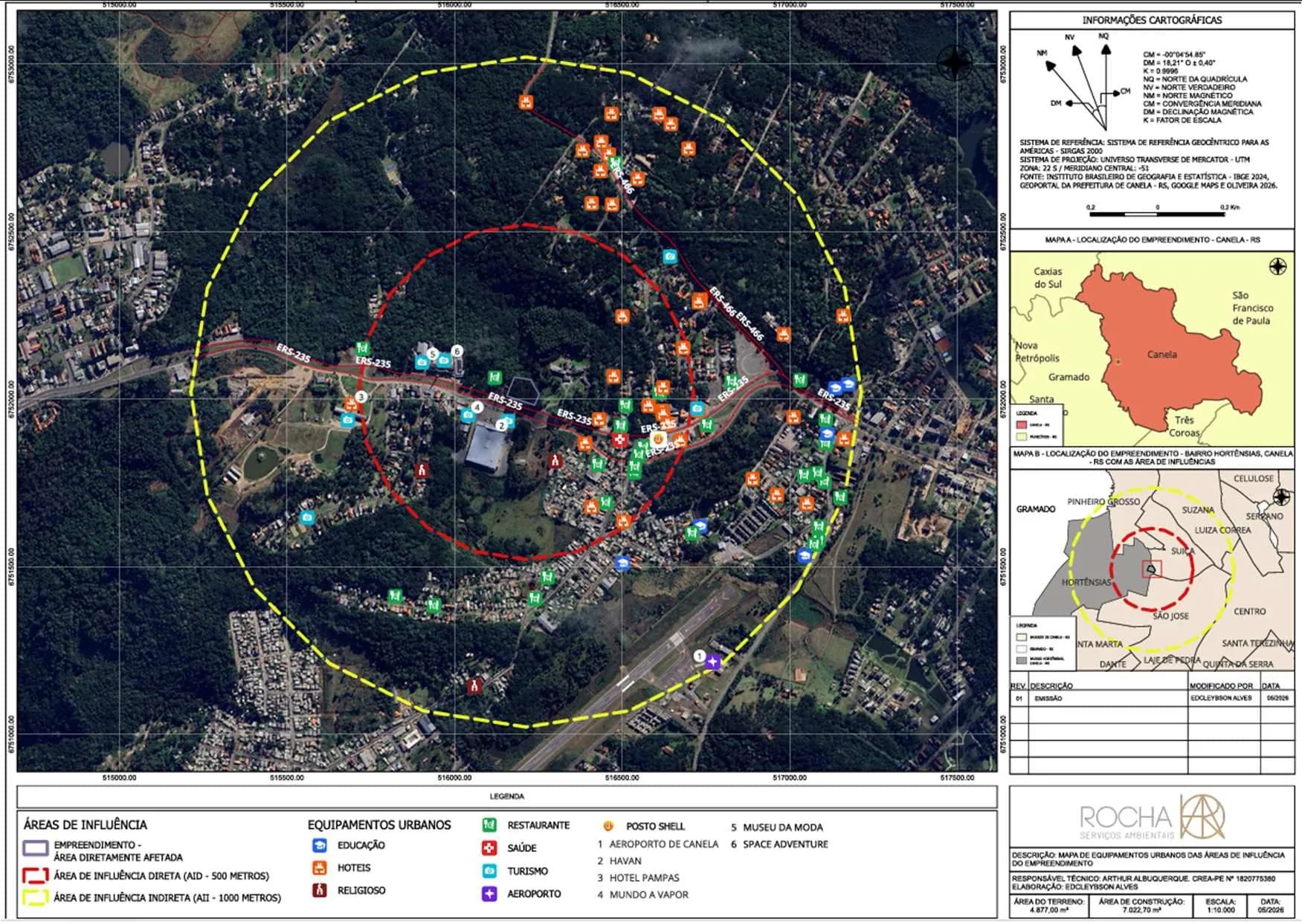 Mapa de equipamentos urbanos, como escolas e unidades de saúde, na área de influência