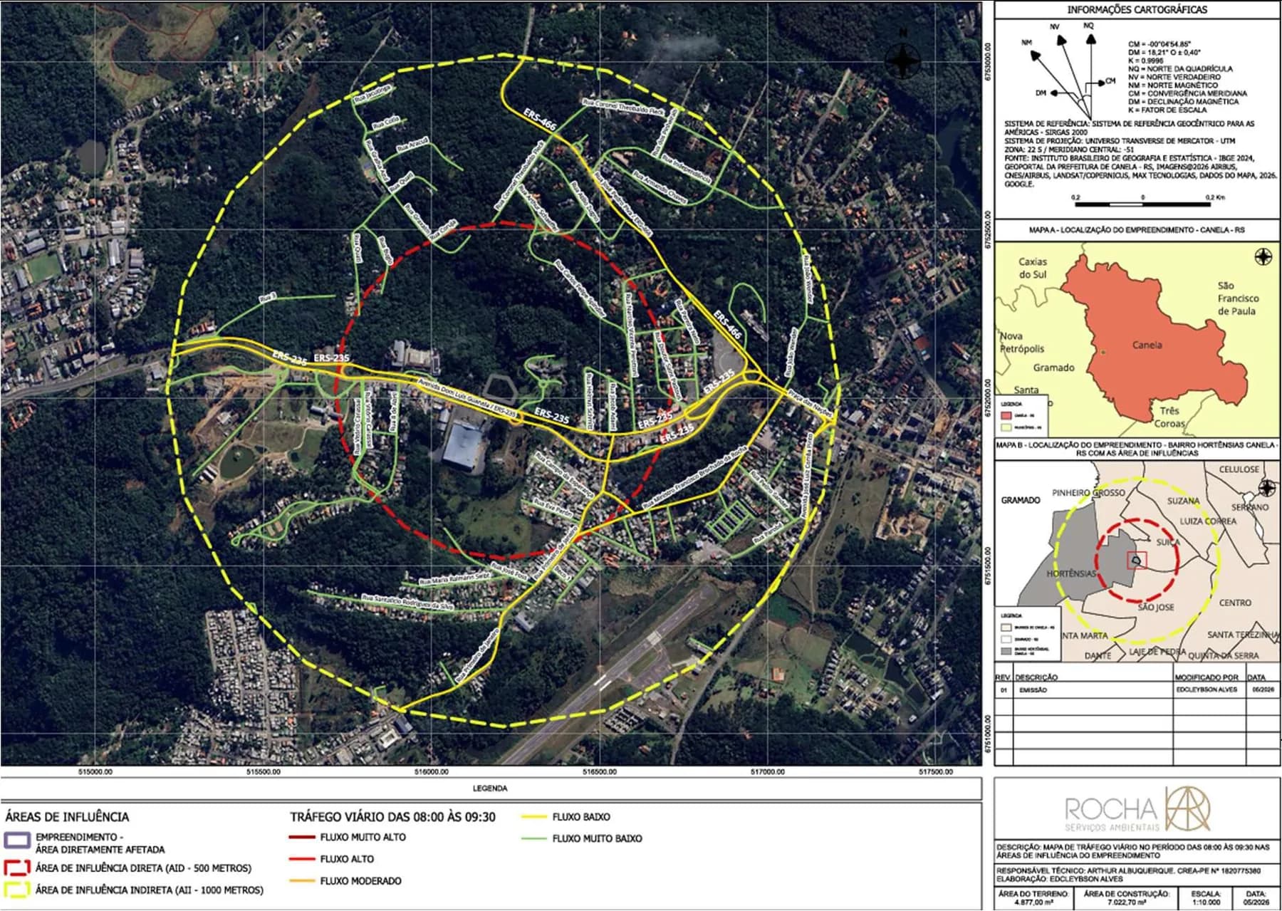 Mapa de intensidade dos fluxos viários na AID e na AII no pico da manhã