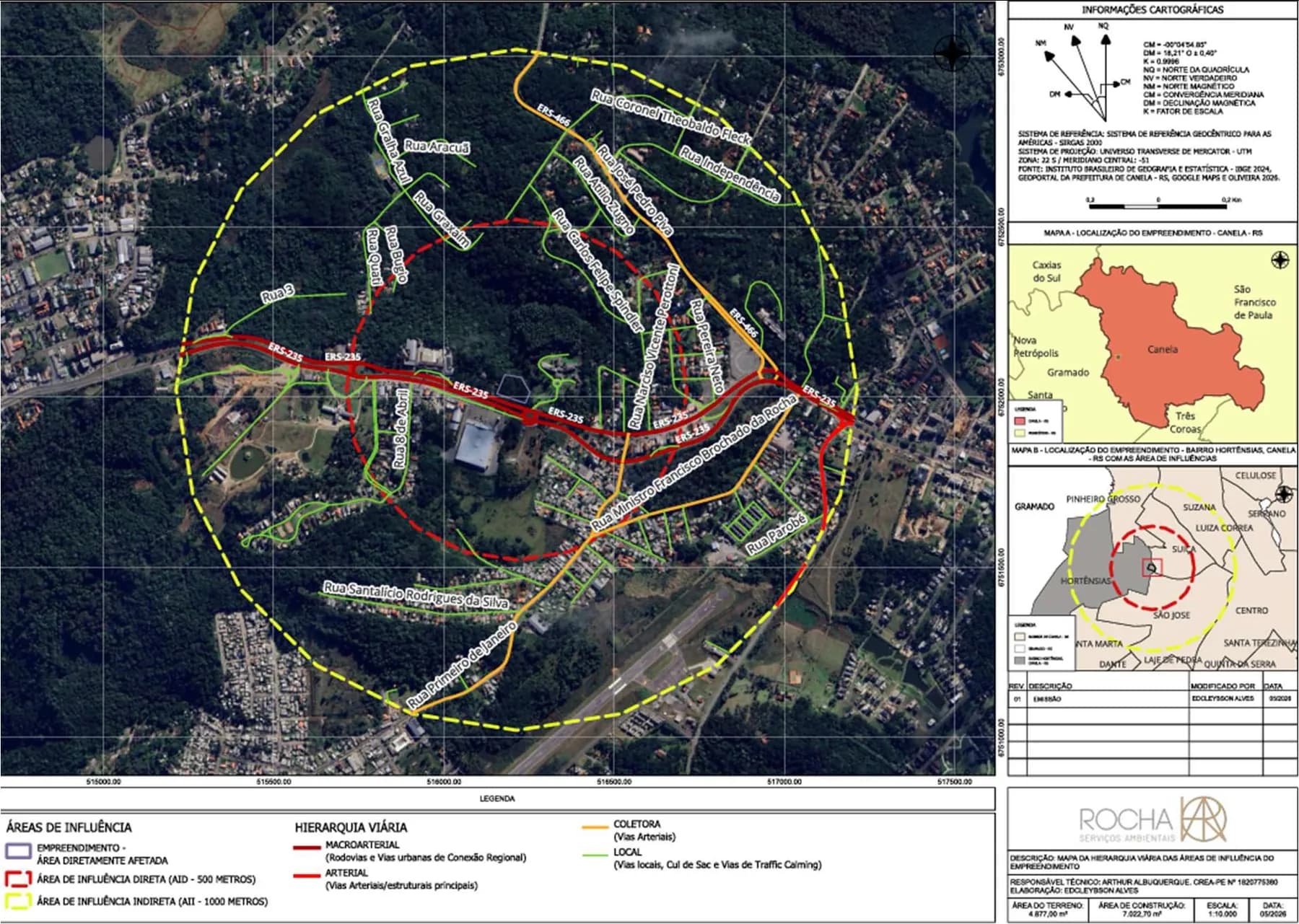 Mapa de hierarquia viária da área de influência com rodovia e vias locais destacadas