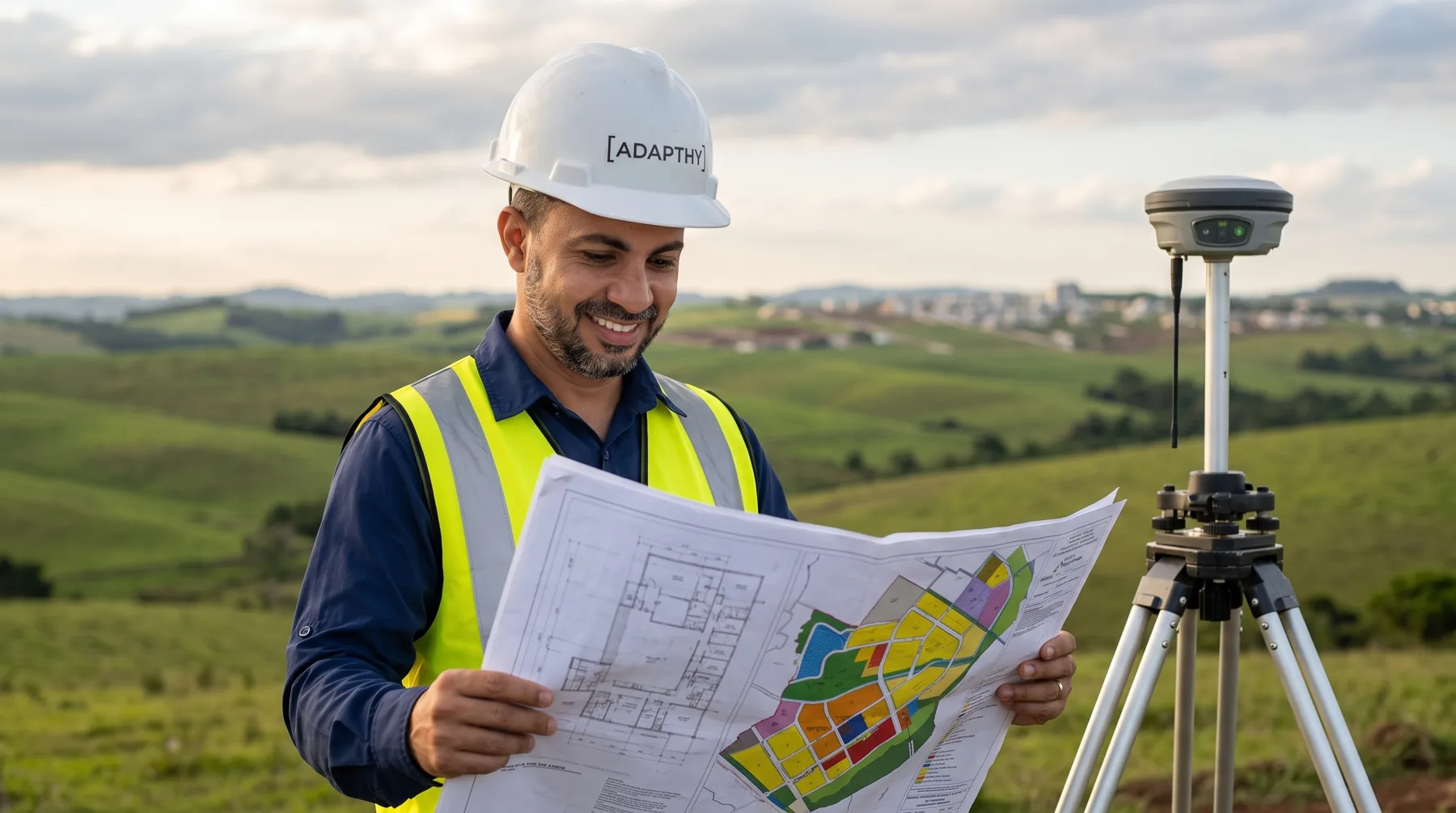 Profissional observa uma planta de ocupação ao lado de um terreno