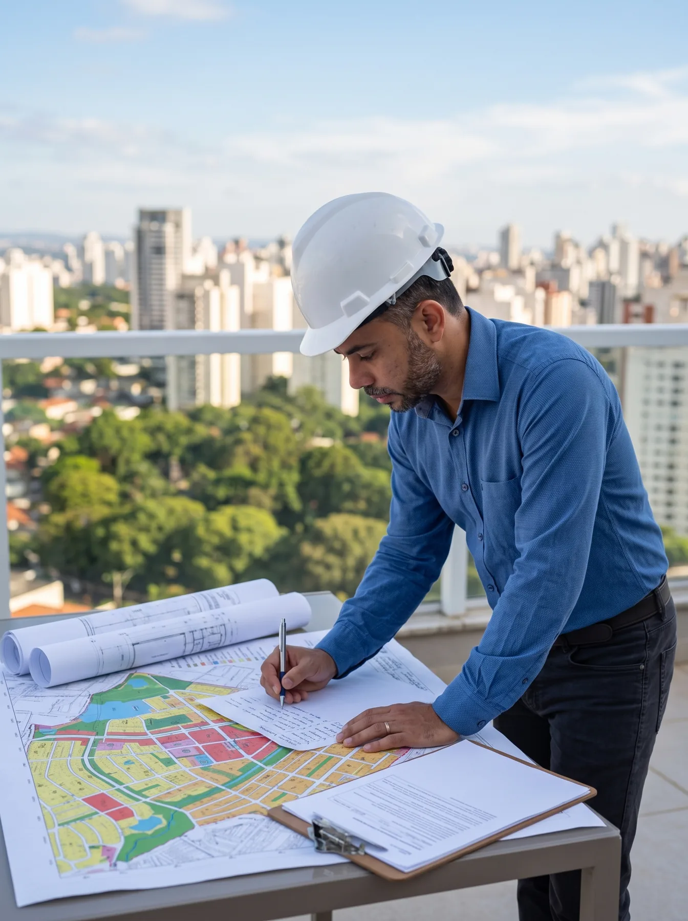 Profissional analisa uma planta de ocupação com a cidade ao fundo
